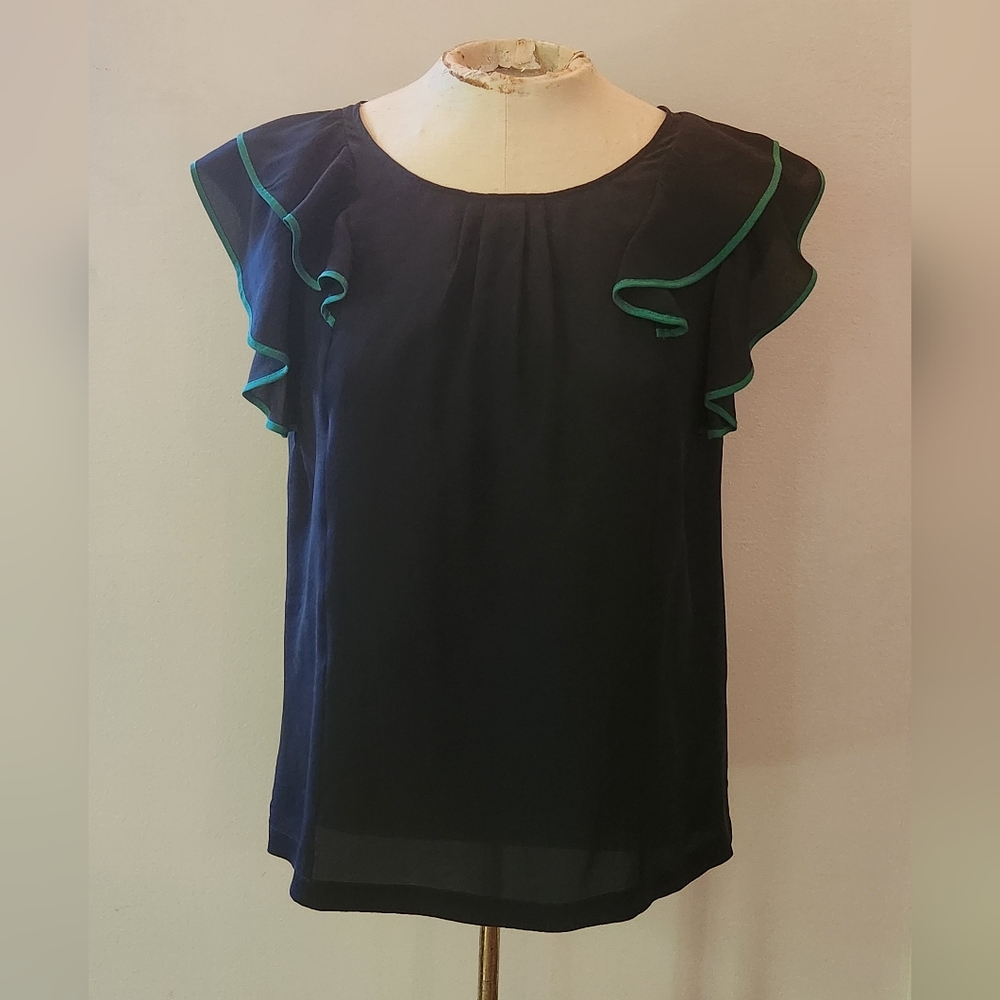 Vintage Odille Navy Silk Blouse with Teal Accents -- SZ 2